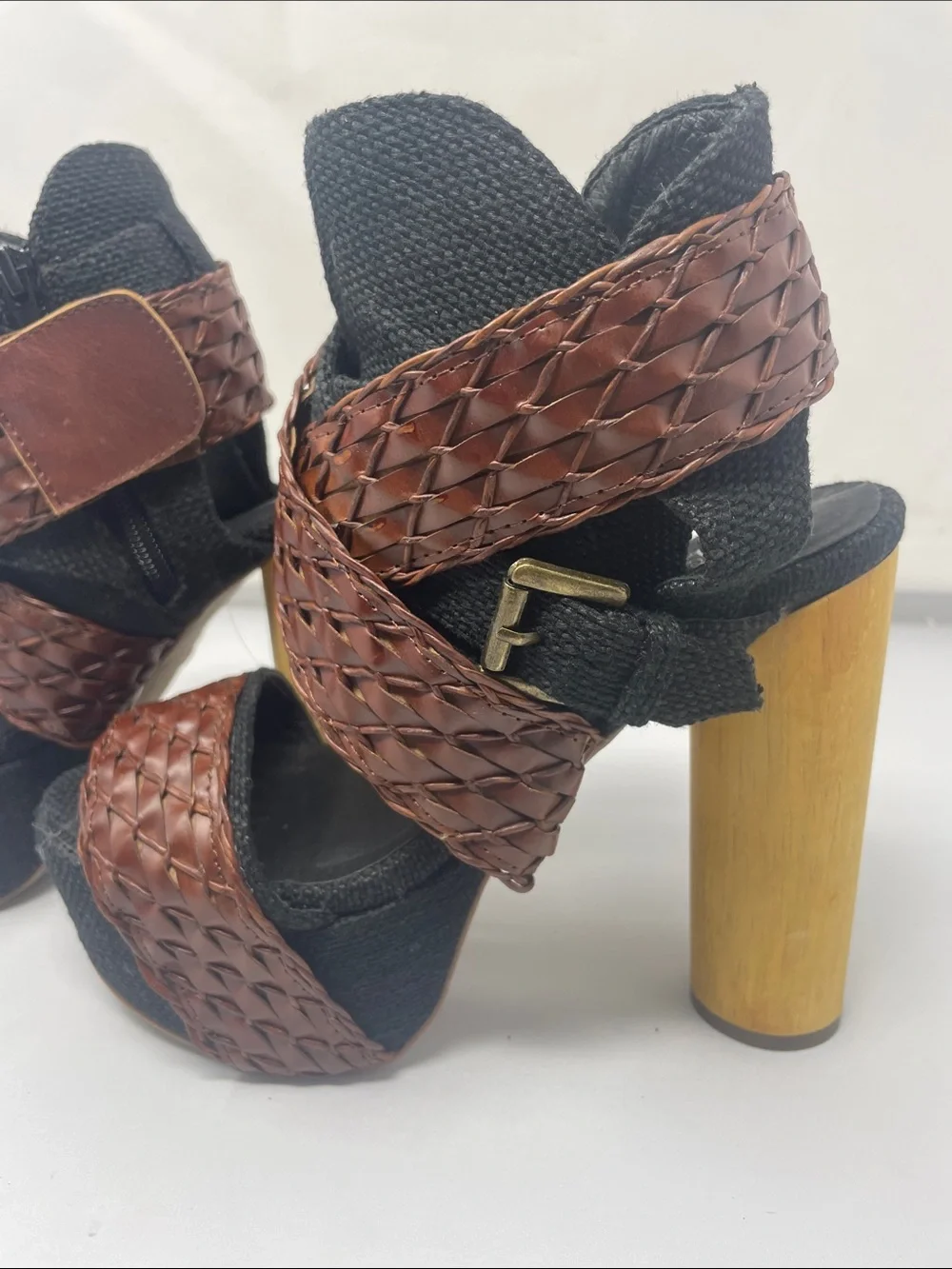 Jeffrey Campbell Handmade Havana Last Braided Brown Wrap Platform Wood Heels